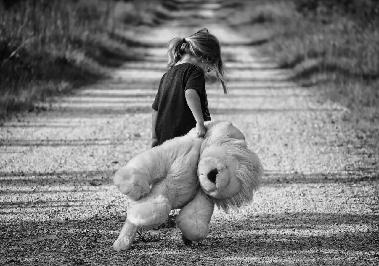 Backview of Girl Holding Plush Toy while walkingon Dirt Road